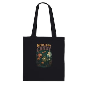 Hooked on Candy Halloween Tote Bag – Cute Spooky Fish and Ghost Trick or Treat Bag – Reusable Black Canvas Bag for Fall & Halloween Shopping