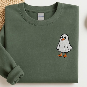 Blusa bordada com fantasma de ganso bobo – Pulôver fofo com fantasia de ganso para Halloween, gola redonda bordada assustadora, blusa aconchegante para o outono