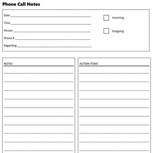 Phone Call Notes Template | Digital Download PDF, PNG, & SVG
