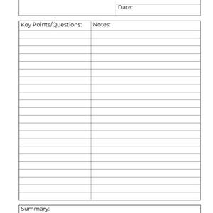 May include: A white, lined notebook page with sections for Objectives, Class, Topic, Date, Key Points/Questions, Notes, and Summary. The notebook is designed for taking notes and organizing information.