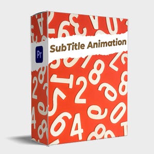 Puede incluir: Una caja de producto con un fondo rojo cubierto de números blancos. La caja presenta el texto "SubTitle Animation" en una pancarta blanca de estilo papel rasgado. Un logotipo "Pr" azul y blanco está en el lateral.