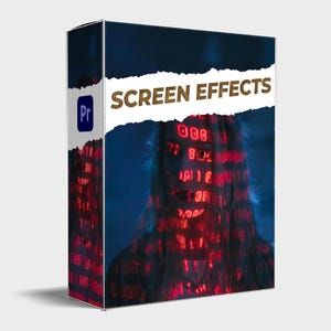 Op de afbeelding: Een pakket met digitale schermeffecten voor Adobe Premiere Pro. De omslagfoto toont een persoon met een rood digitaal scherm dat over hun gezicht is gelegd. De tekst "SCREEN EFFECTS" is in goud geschreven op een witte, gescheurde papierachtergrond.
