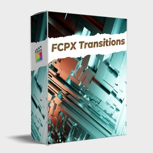 Könnte beinhalten: Eine Schachtel mit einem zerrissenen Papieretikett mit der Aufschrift "FCPX Transitions". Die Schachtel zeigt ein abstraktes 3D-Design in den Farben Türkis und Orange.