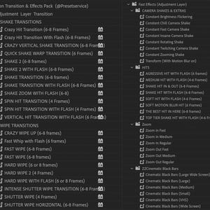 Puede incluir: Una captura de pantalla de una pantalla de computadora que muestra una lista de transiciones y efectos de video para un programa de edici&oacute;n de video. La lista incluye transiciones de sacudidas, transiciones de barrido, sacudidas de c&aacute;mara, golpes y efectos de zoom.