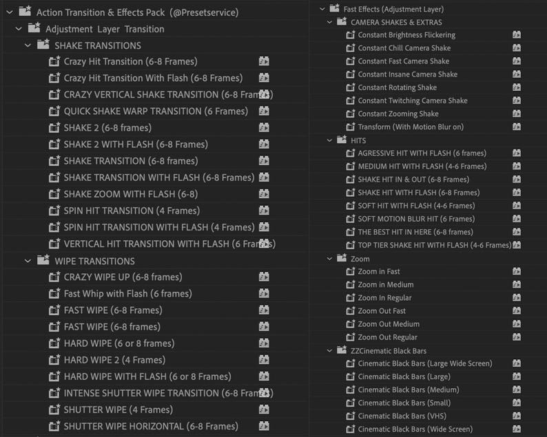 Puede incluir: Una captura de pantalla de una pantalla de computadora que muestra una lista de transiciones y efectos de video para un programa de edici&oacute;n de video. La lista incluye transiciones de sacudidas, transiciones de barrido, sacudidas de c&aacute;mara, golpes y efectos de zoom.