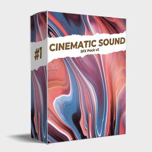 Könnte beinhalten: Produktbox mit einem farbenfrohen abstrakten Design in Rot, Blau und Weiß. Der Text "CINEMATIC SOUND" ist in Weiß dargestellt, darunter "SFX Pack v2". Die Nummer "#1" befindet sich oben links. Ein Soundeffekt-Paket.