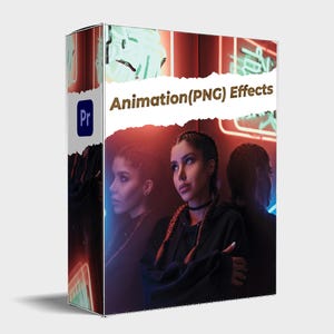 May include: A product cover with the text "Animation(PNG) Effects" on a white background with a torn edge. The cover features a woman with long dark hair wearing a black jacket and looking to the left. The background is a blurred image of a city street with neon lights.