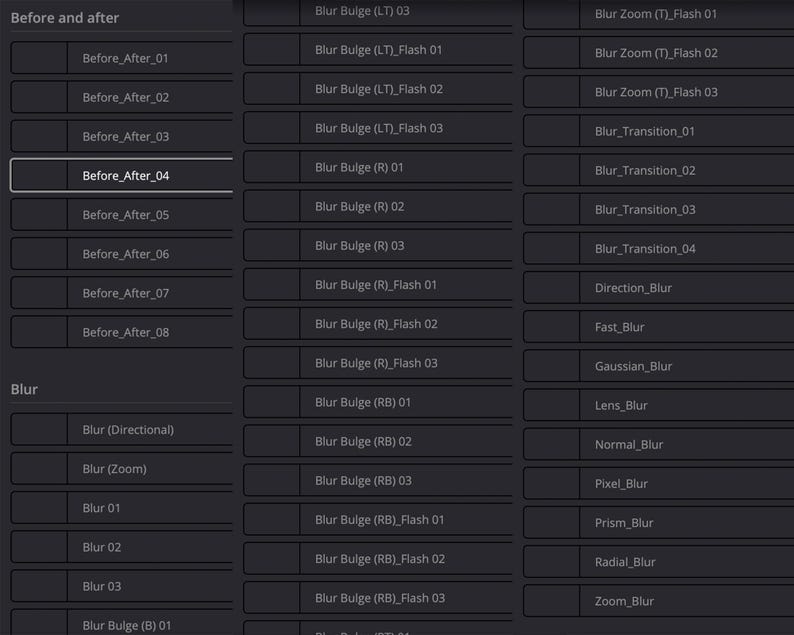 May include: A screenshot of a computer screen showing a list of blur effects for a photo editing program. The effects are organized into categories, such as "Blur Bulge", "Blur Zoom", and "Blur Transition".