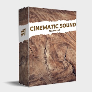 May include: A product box with a wood grain texture. The box features the text "CINEMATIC SOUND" in bold letters, with "SFX Pack v1" below. The number "#1" is on a white background on the side of the box.
