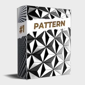 Op de afbeelding: Een zwart-wit geometrisch patroon met een gescheurd stuk papier waarop het woord "PATTERN" in gouden letters staat. Het nummer "#1" staat in gouden letters aan de linkerkant van de afbeelding.