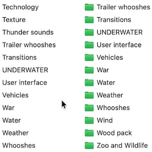 May include: A screenshot of a computer screen displaying a list of green folder icons with text labels. The labels include "Technology", "Texture", "Thunder sounds", "Trailer whooshes", "Transitions", "UNDERWATER", "User interface", "Vehicles", "War", "Water", "Weather", "Whooshes", "Wind", "Wood pack", and "Zoo and Wildlife".