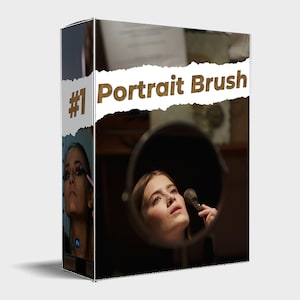 May include: A woman is applying makeup in front of a mirror. The image is a product mockup for a makeup brush. The text on the box reads "#1 Portrait Brush".
