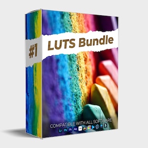 May include: A box with the text "LUTS Bundle #1" on a white background. The box has a colorful image of chalk on the front. The text "COMPATIBLE WITH ALL SOFTWARE" is at the bottom of the box. The box is compatible with Lightroom, Photoshop, Premiere Pro, After Effects, Final Cut Pro, DaVinci Resolve, and other software.