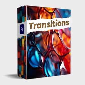 Può includere: Una scatola con un'immagine astratta colorata di bolle traslucide che vorticano. La scatola ha il testo "Transitions" e un piccolo logo "Pr" sul davanti.