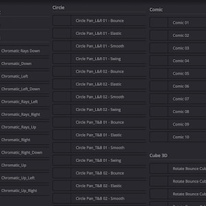 May include: A screenshot of a computer screen showing a list of transition effects for video editing software. The effects are organized into categories: Card Flip 2, Card Wipe, Chromatic, Circle, Comic, and Cube 3D. Each category has a list of sub-effects, such as "Circle Pan_L&R 01-Bounce" and "Rotate Bounce Cube 3D (Down)".