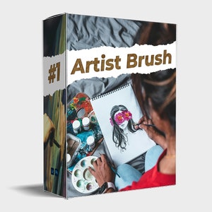May include: A person is drawing a portrait with a paintbrush and a palette of paints. The drawing features a woman with flowers covering her eyes. The image is labeled "#1 Artist Brush".