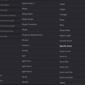May include: A screenshot of a computer screen showing a list of transition effects for video editing software. The effects are organized into categories such as "Rotion Pack 2", "Shape", "Specific Zoom", and "Wipe & Light".