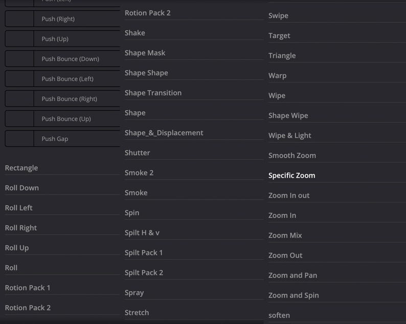 May include: A screenshot of a computer screen showing a list of transition effects for video editing software. The effects are organized into categories such as "Rotion Pack 2", "Shape", "Specific Zoom", and "Wipe & Light".