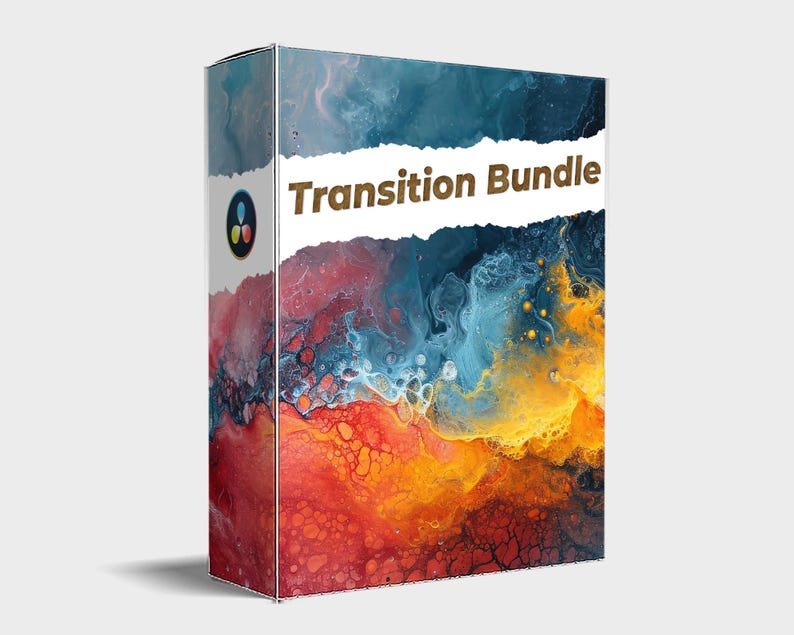 May include: A box with a colorful abstract design featuring swirls of blue, yellow, orange, and red. The text "Transition Bundle" is written in brown on a white torn paper background.