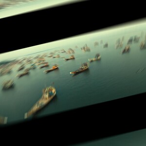 Puede incluir: Vista a&eacute;rea de un gran grupo de barcos de pesca de madera en una masa de agua. Los barcos est&aacute;n todos orientados en la misma direcci&oacute;n y est&aacute;n agrupados.