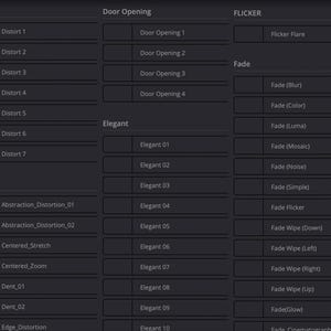 May include: A screenshot of a computer screen showing a list of different visual effects for video editing. The effects are organized into categories: Distort, Door Opening, Elegant, Flicker, and Fade. Each category has a list of sub-effects, such as "Distort 1", "Door Opening 1", "Elegant 01", "Flicker Flare", and "Fade (Blur)".