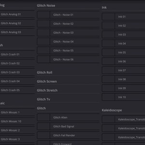 May include: A screenshot of a computer screen showing a list of different glitch effects for video editing. The effects are organized into categories such as Glitch Analog, Glitch Crash, Glitch Mosaic, Glitch Noise, Glitch Roll, Glitch Screen, Glitch Stretch, Glitch TV, and Glitch. Each category has a list of different effects with names like Glitch Analog 01, Glitch Crash 01, Glitch Mosaic 1, Glitch-Noise 01, Glitch Roll, Glitch Screen, Glitch Stretch, Glitch TV, Glitch Alien, Glitch Bad Signal, Glitch Fail Render, and Glitch Forward.