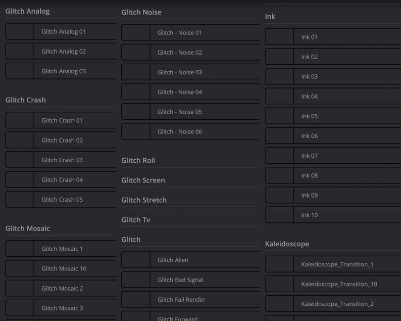 May include: A screenshot of a computer screen showing a list of different glitch effects for video editing. The effects are organized into categories such as Glitch Analog, Glitch Crash, Glitch Mosaic, Glitch Noise, Glitch Roll, Glitch Screen, Glitch Stretch, Glitch TV, and Glitch. Each category has a list of different effects with names like Glitch Analog 01, Glitch Crash 01, Glitch Mosaic 1, Glitch-Noise 01, Glitch Roll, Glitch Screen, Glitch Stretch, Glitch TV, Glitch Alien, Glitch Bad Signal, Glitch Fail Render, and Glitch Forward.