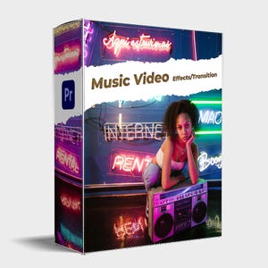 Peut inclure: Une couverture de produit avec un fond de néon et une femme assise devant un boombox vintage. Le texte sur la couverture indique "Music Video Effects/Transition".