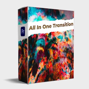 Può includere: Una scatola con un design astratto colorato e il testo "All In One Transition" su un foglio di carta strappato bianco. La scatola ha un logo blu "Pr" nell'angolo in basso a sinistra.