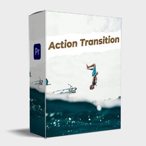 Puede incluir: Una caja de producto con fondo blanco y un hombre saltando al agua. La caja tiene el texto "Action Transition" en letras marrones y un logotipo azul "Pr" en la esquina inferior izquierda.