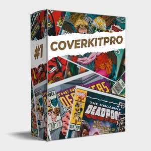 Puede incluir: Un collage colorido de portadas de cómics con varios superhéroes y villanos. El texto "COVERKITPRO #1" se muestra en un fondo blanco con un borde desgarrado.