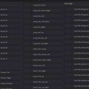 May include: A screenshot of a computer screen showing a list of options for a video editing program. The options are organized into three categories: Brush, Long Pan_Down, and Card Flip 1. Each category has a list of sub-options, such as Brush 01, Long Pan_Down_Right, and Card Flip (Diagonal 1).