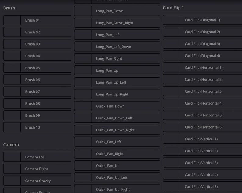 May include: A screenshot of a computer screen showing a list of options for a video editing program. The options are organized into three categories: Brush, Long Pan_Down, and Card Flip 1. Each category has a list of sub-options, such as Brush 01, Long Pan_Down_Right, and Card Flip (Diagonal 1).
