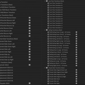 Puede incluir: Una captura de pantalla de una pantalla de computadora que muestra una lista de efectos de transici&oacute;n de video para un programa de edici&oacute;n de video. La lista incluye transiciones como el efecto bloom, el efecto ricochet, el deslizamiento distorsionado, el efecto glitch, el desplazamiento y el terremoto.