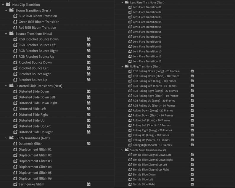 Puede incluir: Una captura de pantalla de una pantalla de computadora que muestra una lista de efectos de transici&oacute;n de video para un programa de edici&oacute;n de video. La lista incluye transiciones como el efecto bloom, el efecto ricochet, el deslizamiento distorsionado, el efecto glitch, el desplazamiento y el terremoto.