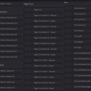 May include: A screenshot of a computer screen showing a list of motion effects for a video editing program. The effects are organized into three categories: Motion Distortion, Motion Switch, and Pan. Each category has a list of different effects, such as Bounce, Elastic, Smooth, and Swing.