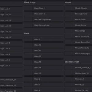 May include: A screenshot of a computer screen showing a list of options for adding visual effects to a video. The options are organized into categories: Light Leak, Mask Shape, Mosaic, Mask, Bounce Motion, and Line. Each category has a list of options, such as "Light Leak 1", "Mask Circle 1", "Mosaic (Rotate)", "Mask 1", "Bounce_Motion_R_L", and "Lines Transition_01".