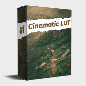 Pode incluir: Uma caixa com o texto "#1 Cinematic LUT" em um fundo branco. A caixa está na frente de um campo verde com um veado à distância.
