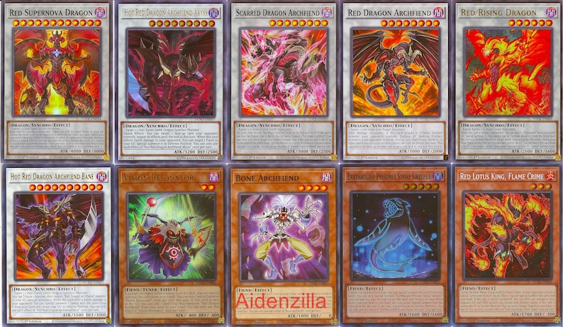 May include: A collection of ten trading cards featuring various red dragon monsters from the Yu-Gi-Oh! Trading Card Game. The cards feature illustrations of the monsters in various poses, with some cards showing the monsters in battle.