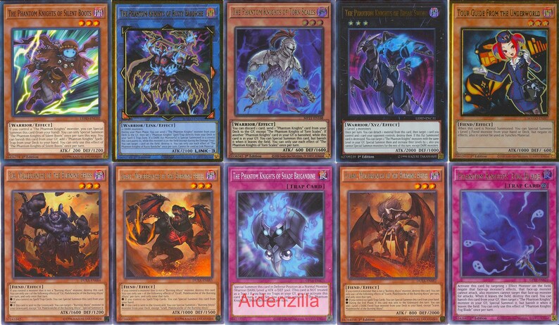 Może przedstawiać: Zbi&oacute;r dziesięciu kart kolekcjonerskich przedstawiających Phantom Knights of Silent Bouts, Phantom Knights of Rusty Bardiche, Phantom Knights of Torn Scales, Phantom Knights of Break Sword, Tour Guide From the Underworld, Phantom Knights of Silent Bouts, Phantom Knights of Rusty Bardiche, Phantom Knights of Soce Briandine, Phantom Knights of Silent Bouts i Phantom Knights of Silent Bouts.