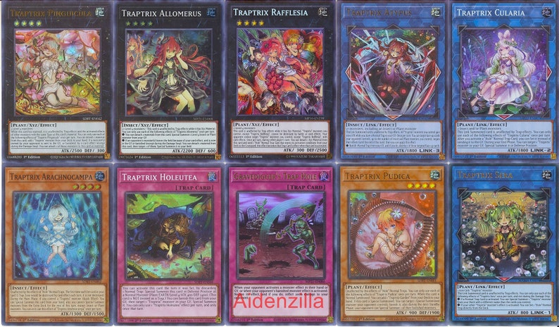 Puede incluir: Un conjunto de diez cartas coleccionables de juego de cartas coleccionables Yu-Gi-Oh! que representan ilustraciones de varios personajes del arquetipo "Traptrix". Las cartas tienen un acabado hologr&aacute;fico y presentan una variedad de colores, incluyendo verde, azul, rosa y morado.