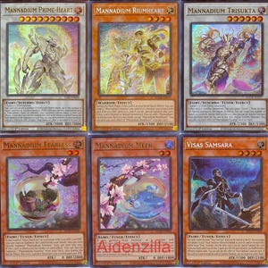 May include: A collection of ten trading cards featuring various characters and designs. The cards have a holographic finish and include text and illustrations. The cards are in shades of blue, purple, orange, and white.