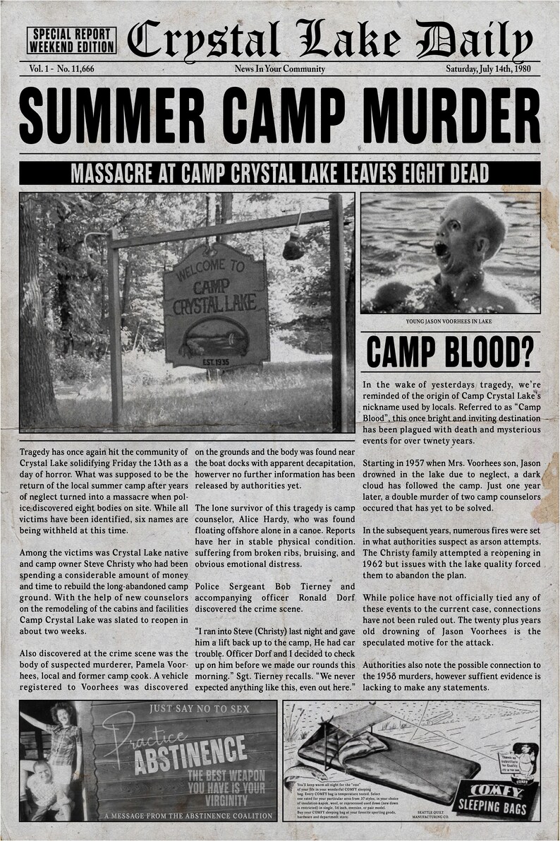Summer Camp Murder's Newspaper Article 20 Inch X 30 Inch Etsy