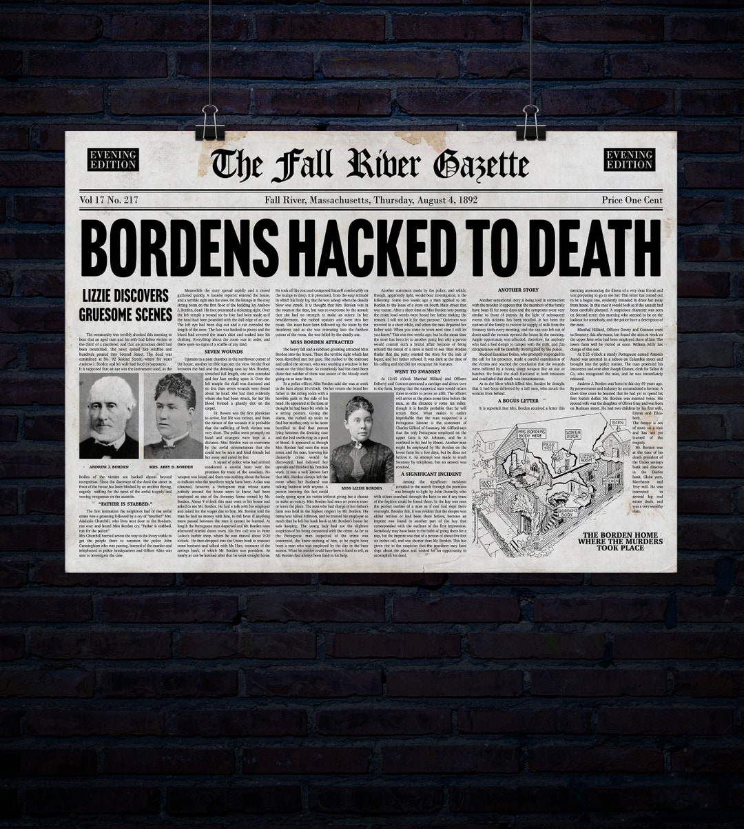 Borden's Hacked to Death Newspaper Article 20 Inch X 30 Inch 300dpi