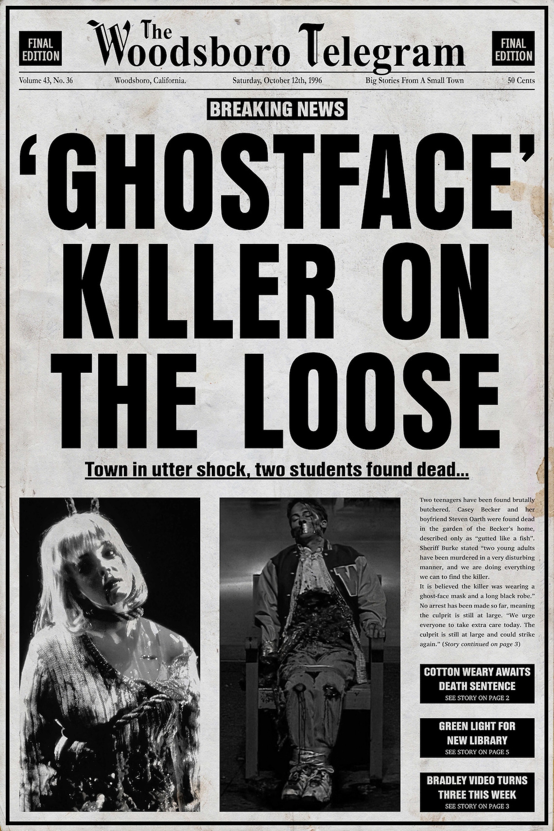 Ghostface Killer on the Loose Newspaper Article 20 Inch X 30 Inch ...