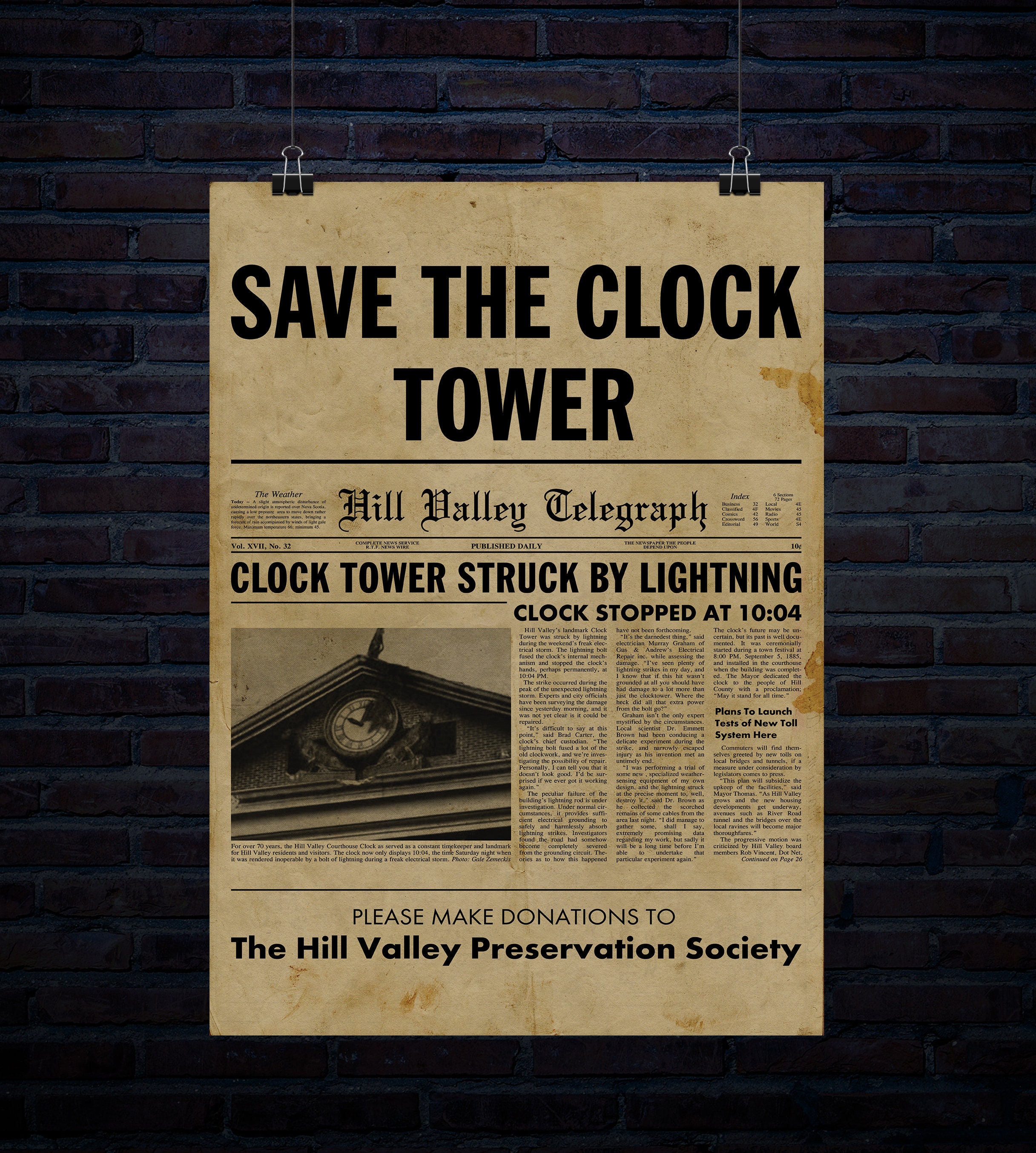 Save the Clock Tower Newspaper Article Flyer 20 Inch X 30 Inch