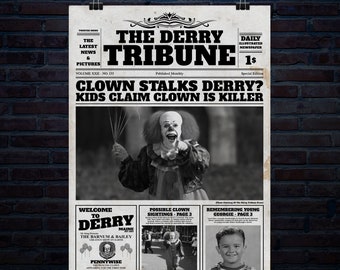 Niños afirman que el payaso es asesino (artículo de periódico, 20 x 30 pulgadas, 300 dpi, descarga digital)