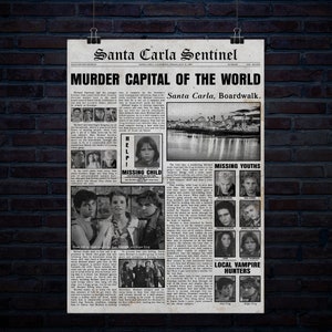 May include: A vintage newspaper clipping from the Santa Carla Sentinel, with the headline "Murder Capital of the World". The article discusses missing youths and local vampire hunters. The newspaper is yellowed and has a distressed look, giving it a vintage feel.