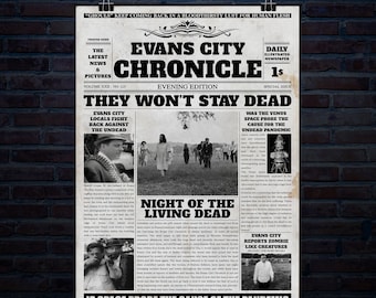 May include: A vintage newspaper headline reads "Evans City Chronicle" with the subheading "They Won't Stay Dead". The article discusses a possible connection between a Venus space probe and a zombie outbreak. The newspaper is printed in black and white with a distressed, vintage look.