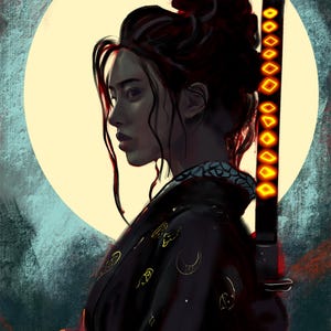 Stampa artistica digitale di una donna samurai con katana luminosa e sfondo di luna piena / Decorazione murale di un guerriero giapponese / Poster con download immediato